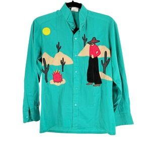 Vintage Southwestern Cowboy Applique Shirt J.R. Morgan Designs Teal Small 1985